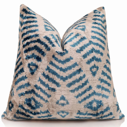 CANVELLO Handmade Blue Ikat Silk Velvet Pillow 20x20 | Designer Accent Cushion