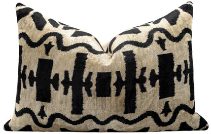 CANVELLO Handmade Velvet Throw Pillow with Down Feather Insert - 16x24 Inches, Black and White Abstract Pattern, Luxury Decorative Cushion