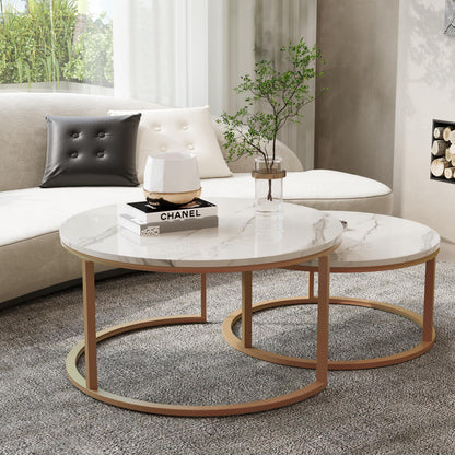 Round Marble Top Nesting Coffee Tables, Set of 2