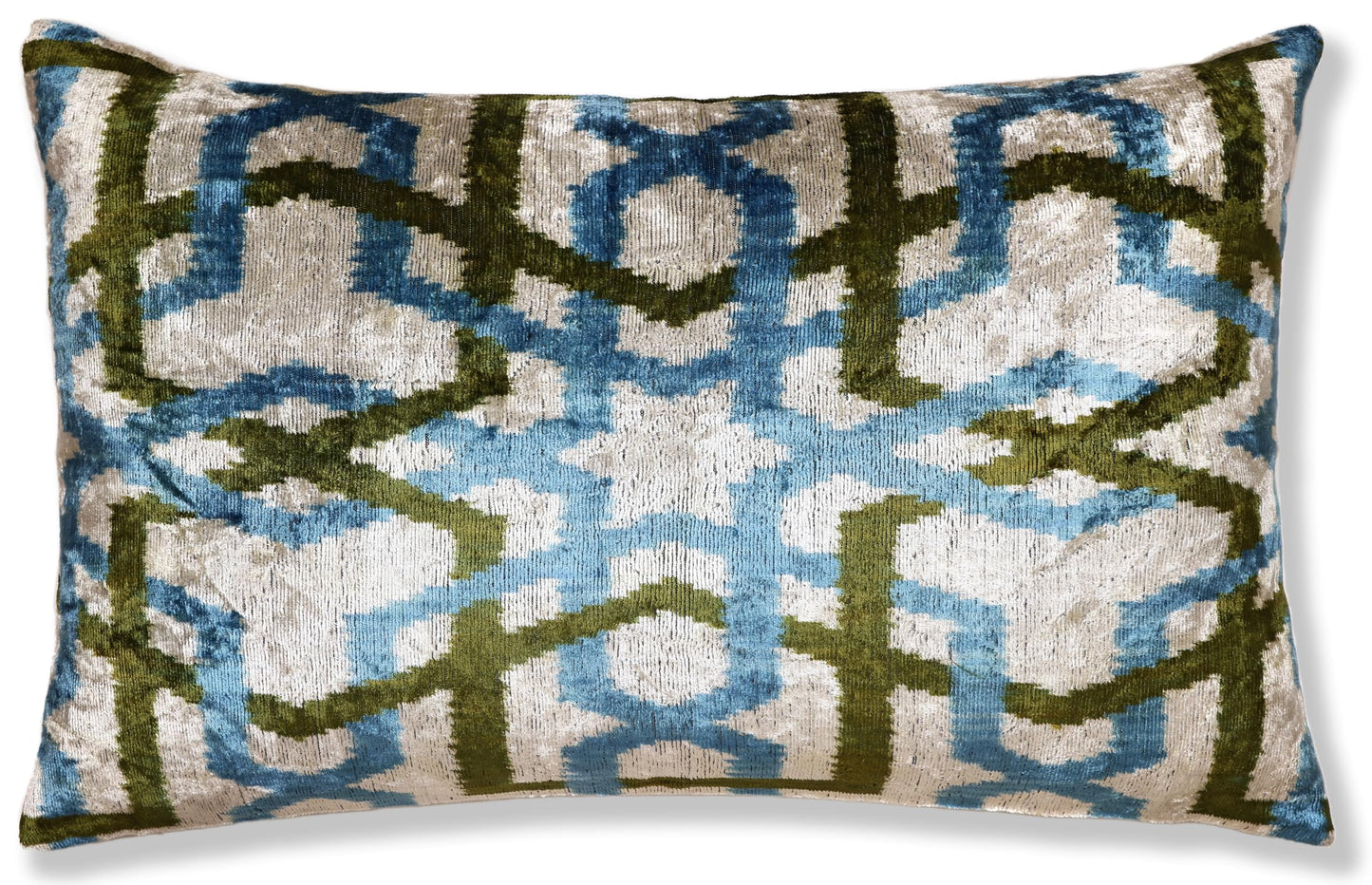 CANVELLO Handmade Velvet Ikat Lumbar Pillow 16x24 | Sky Blue & Olive Trellis