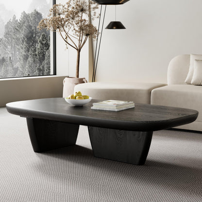 FHKJ Modern Wood Coffee Table for Living Room, 51.2" Black Rectangle Coffee Table with 2 Unique Legs, Center Table for Living Room Table Tea Table for Home Office