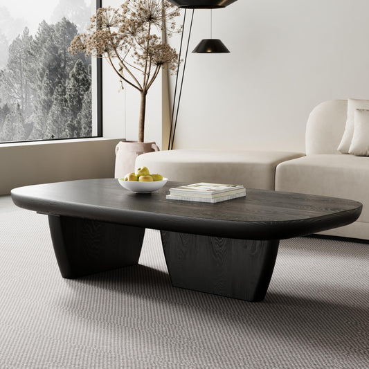 FHKJ Modern Wood Coffee Table for Living Room, 51.2" Black Rectangle Coffee Table with 2 Unique Legs, Center Table for Living Room Table Tea Table for Home Office
