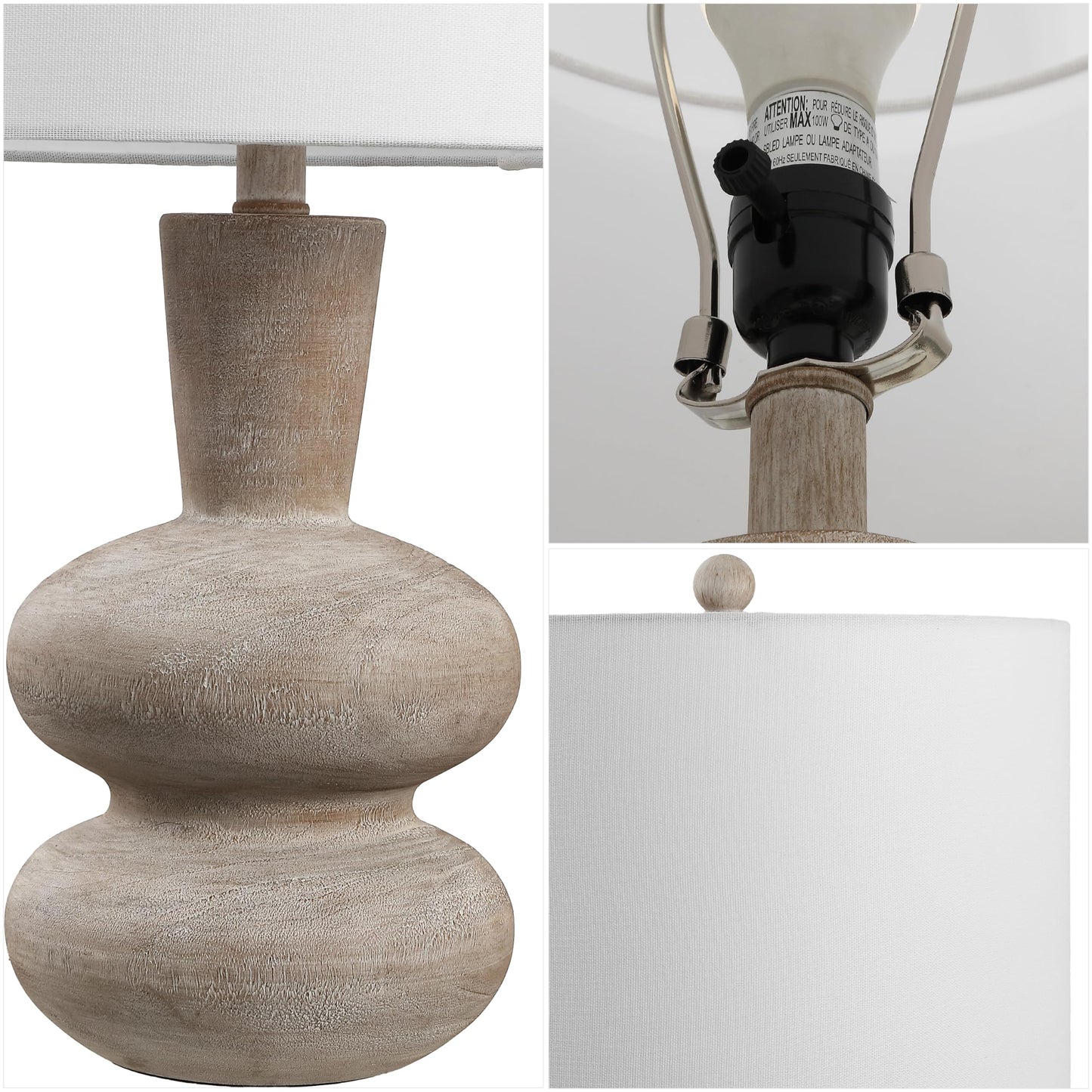 JONATHAN Y 24" Antique Brown Modern Minimalist Sculptural Oak-Grain Resin LED Table Lamp for Living Room Bedroom, White Linen Drum Shade, LED Bulb Included JYL5708A