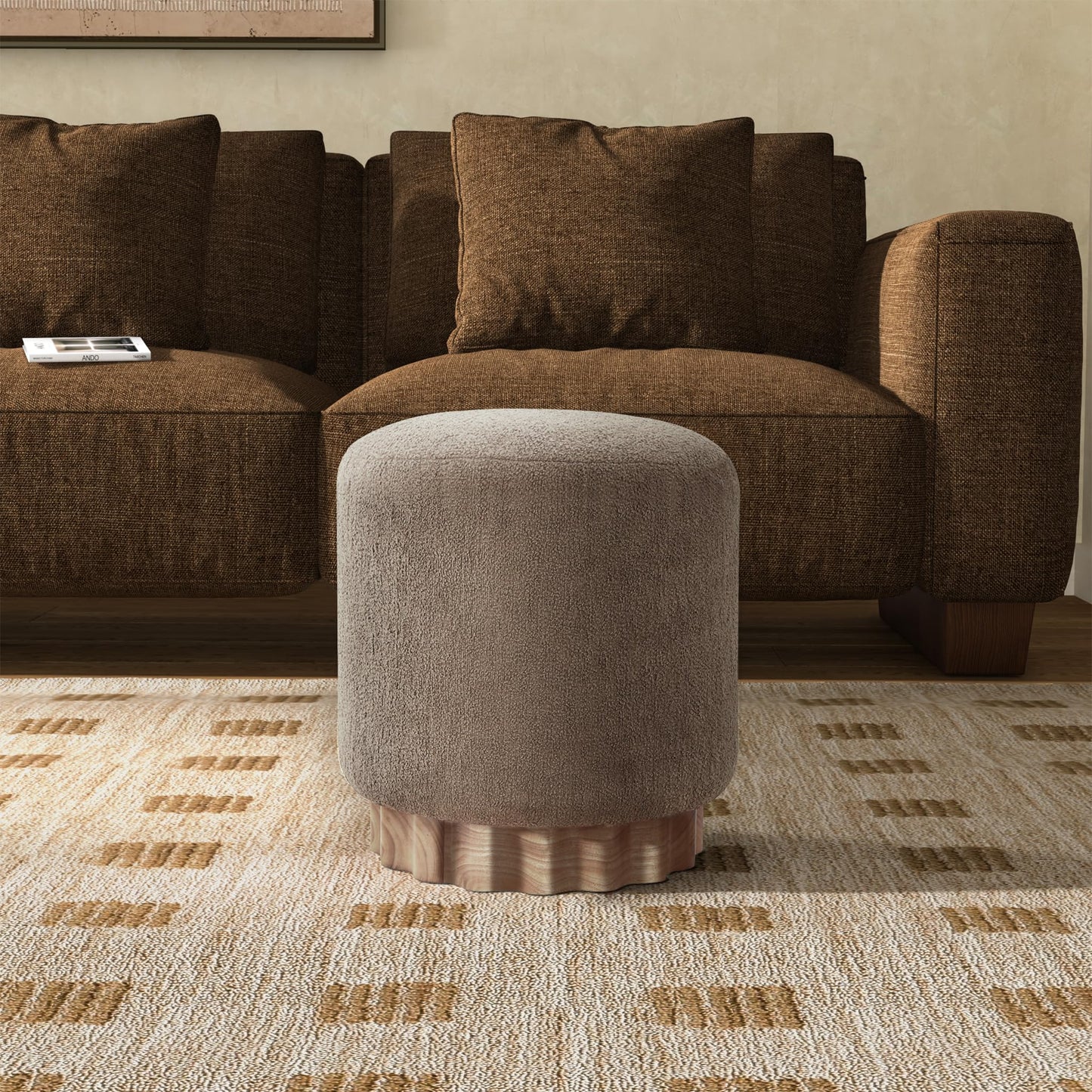 Round Boucle Upholstered Ottoman with Wood Base