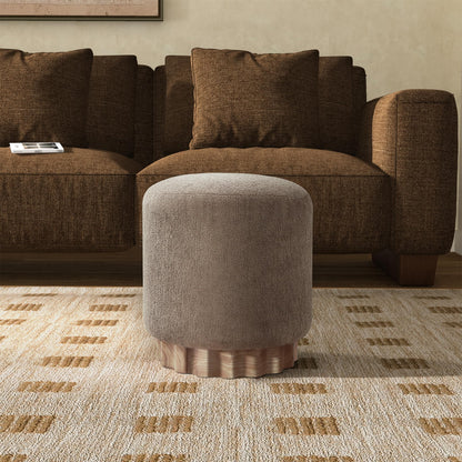 Round Boucle Upholstered Ottoman with Wood Base