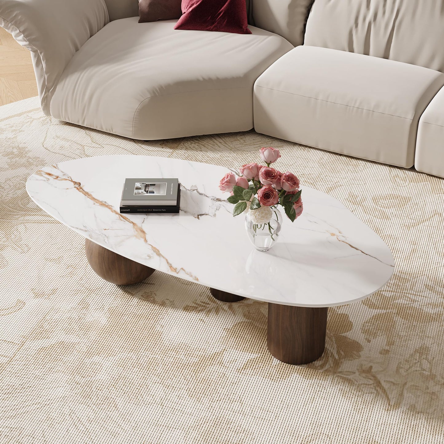 54" Coffee Table with Faux-Marble Top & Faux-Wood Metal Legs