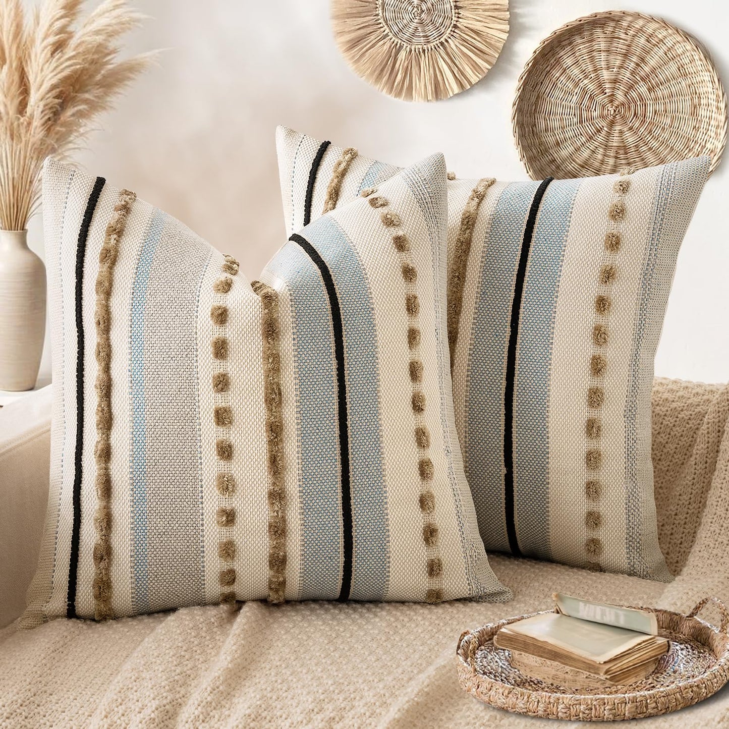 Linen & Chenille Throw Pillow Covers with Decorative Trim, Set of 2