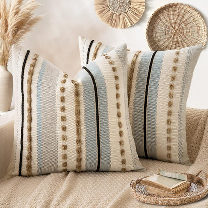 Linen & Chenille Throw Pillow Covers with Decorative Trim, Set of 2