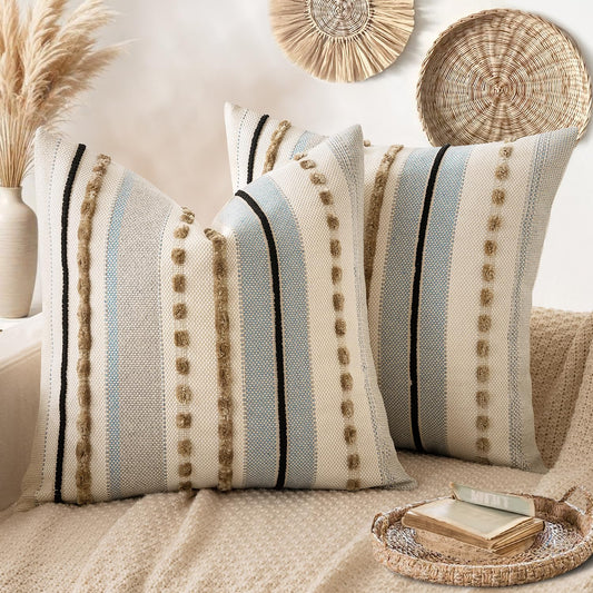 Linen & Chenille Throw Pillow Covers with Decorative Trim, Set of 2