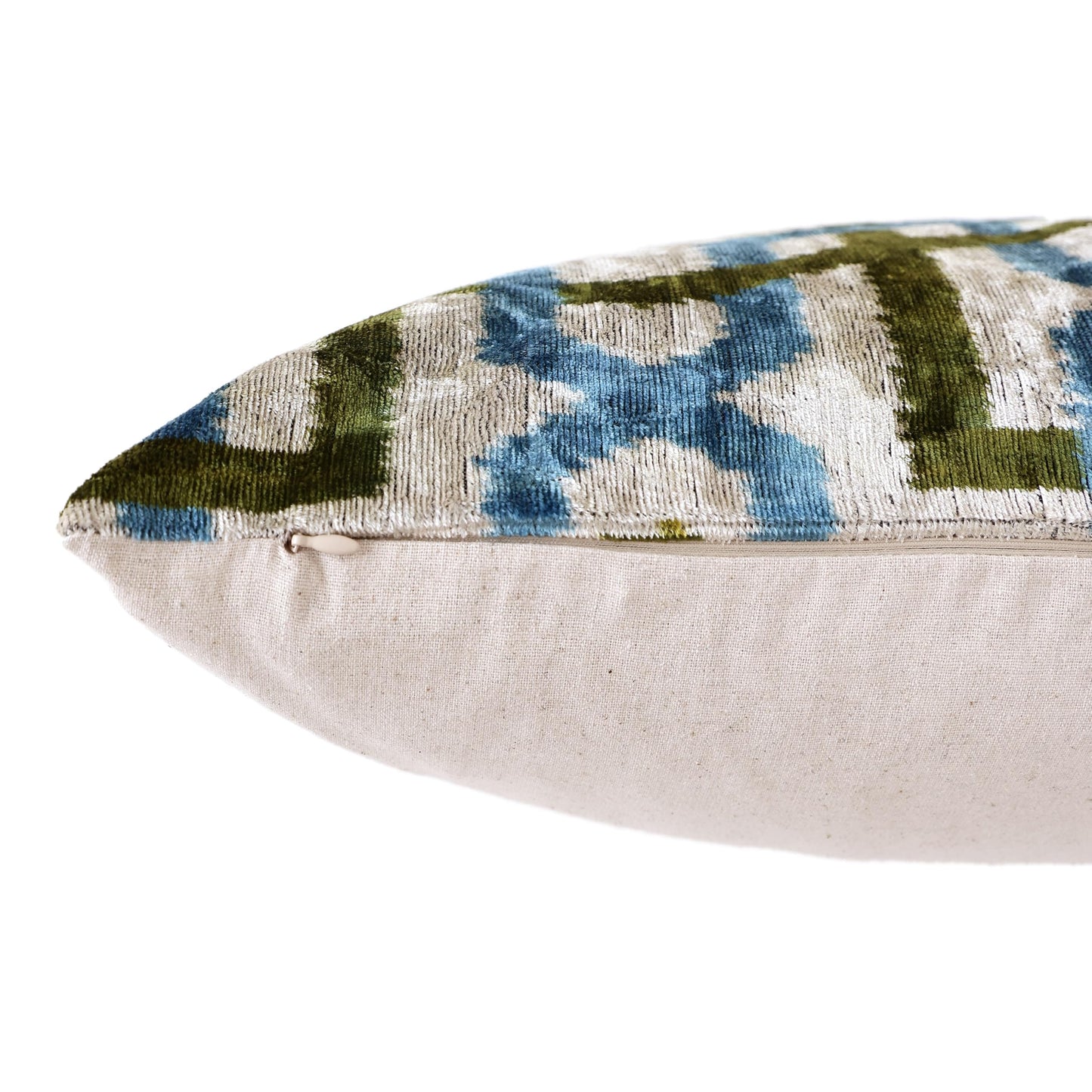 CANVELLO Handmade Velvet Ikat Lumbar Pillow 16x24 | Sky Blue & Olive Trellis