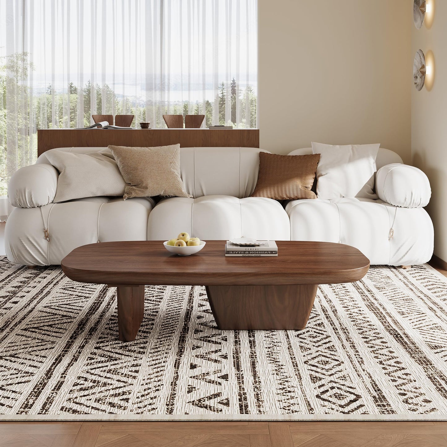Mid Century Modern Wood Coffee Table with Rounded Edges and Unique Dual Leg Design, Easy Assembly Brown Living Room Center Table, 51.2" Rectangular Tea Table