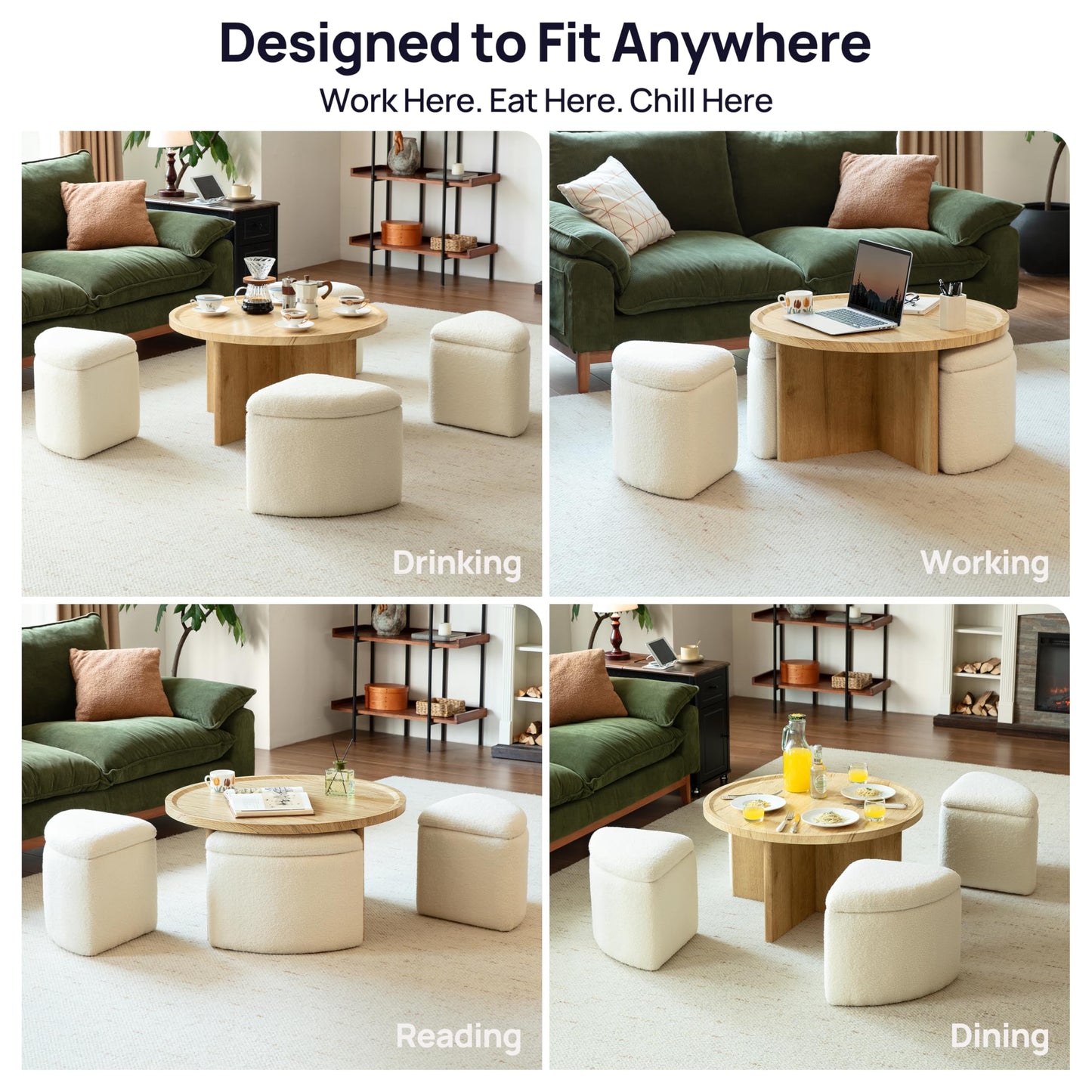 Wood Coffee Table with Storage Ottomans (4)