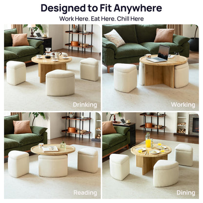 Wood Coffee Table with Storage Ottomans (4)