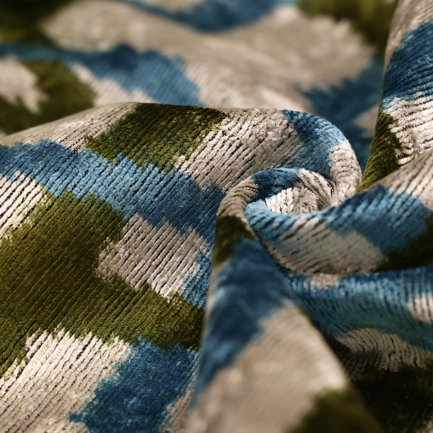 CANVELLO Handmade Velvet Ikat Lumbar Pillow 16x24 | Sky Blue & Olive Trellis