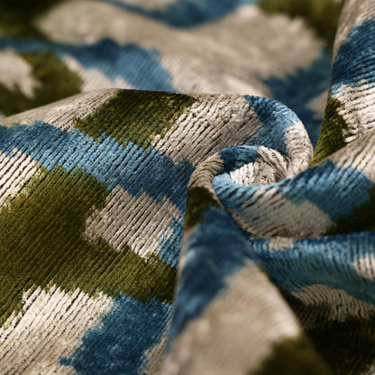 CANVELLO Handmade Velvet Ikat Lumbar Pillow 16x24 | Sky Blue & Olive Trellis