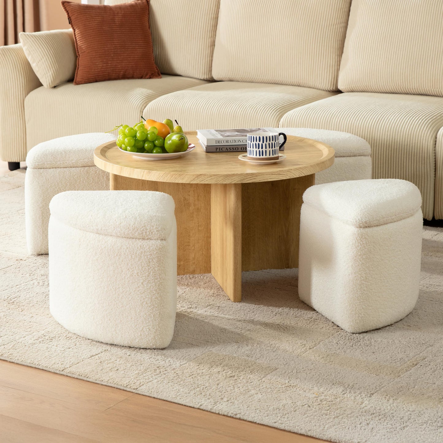 Wood Coffee Table with Storage Ottomans (4)