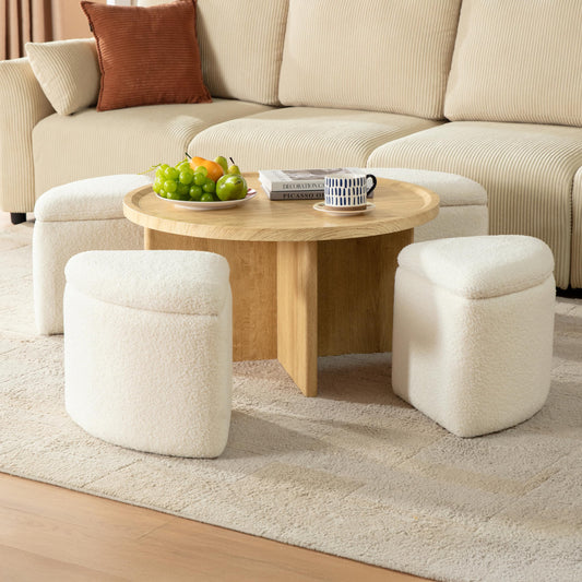 Wood Coffee Table with Storage Ottomans (4)