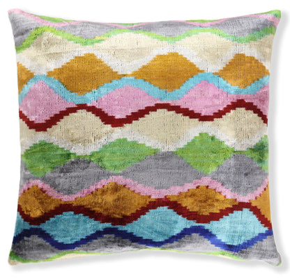 CANVELLO Handmade 16x16 Velvet Pillow – Multicolor Zigzag Ikat Pattern