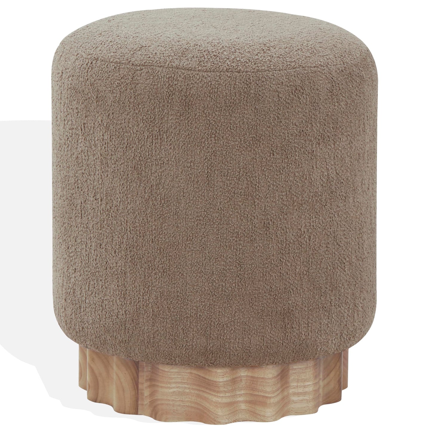 Round Boucle Upholstered Ottoman with Wood Base
