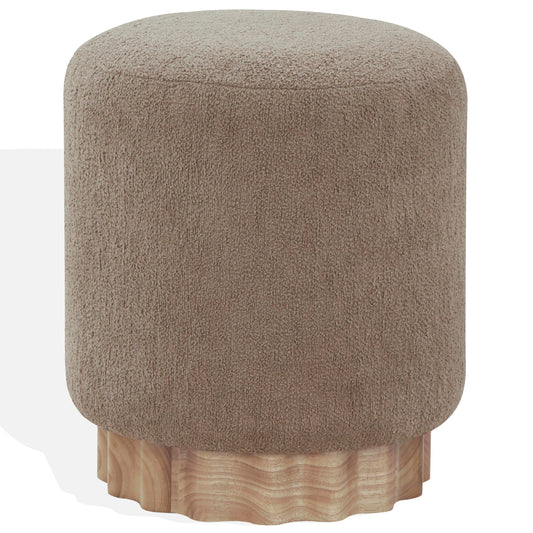 Round Boucle Upholstered Ottoman with Wood Base