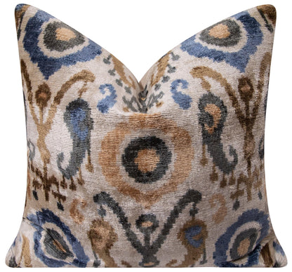 CANVELLO Handmade Velvet Throw Pillow with Intricate Ikat Design, Premium Down Feather Insert, 20x20 Inch Decorative Accent for Sofas, Couches, and Interiors - Beige, Blue, and Brown