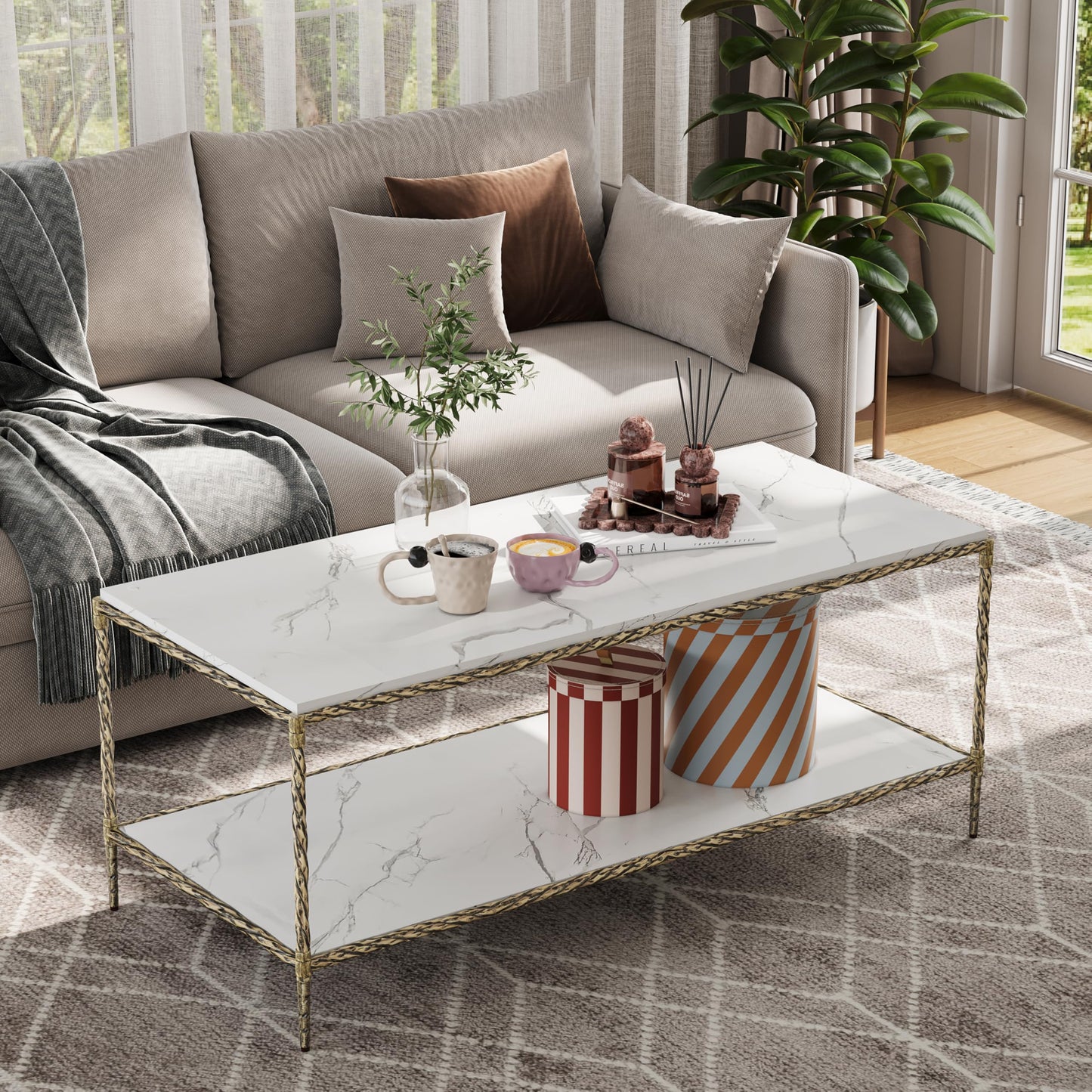 47" Brass and Marble Coffee Table