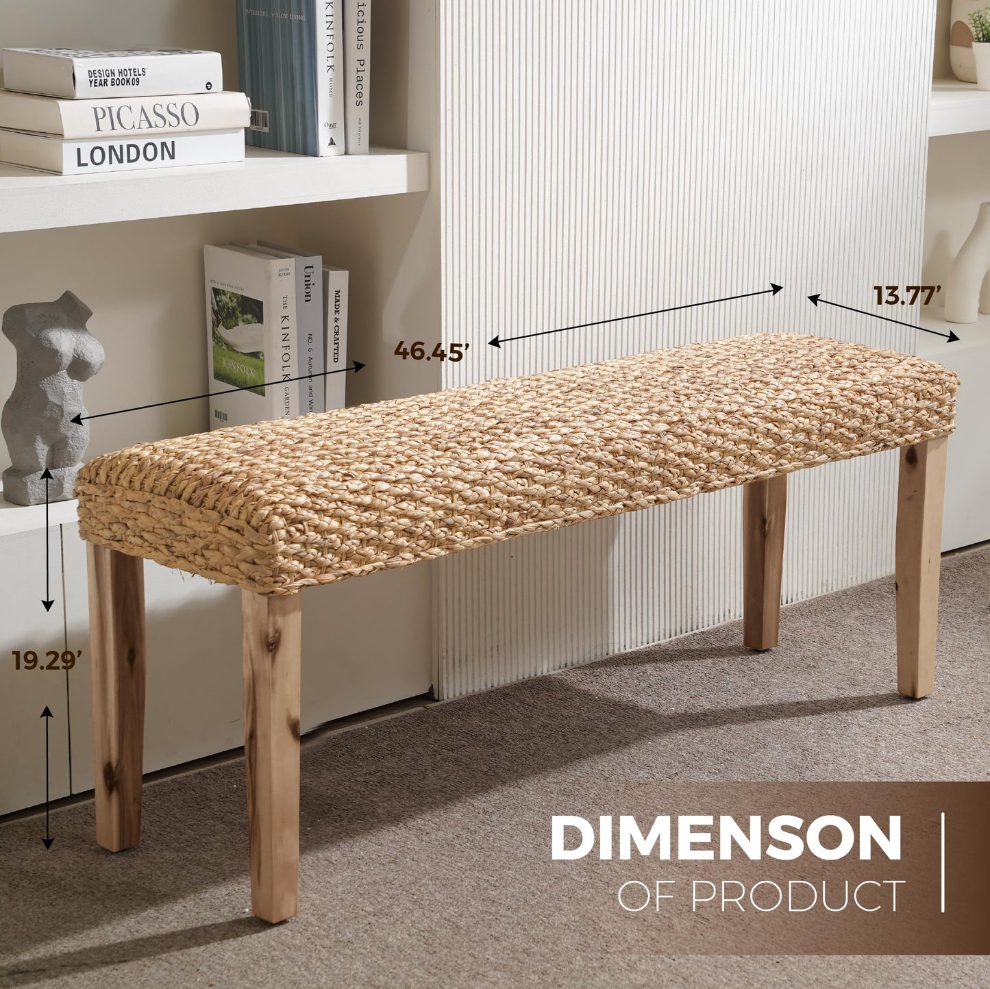 Indoor Bench Wicker for Entryway Bench, Wood Bench for Living Room Dining Bench or End of Bed Bench, 47" Boho Bench with Solid Wood Acacia & Natural Woven Seat, Rustic Farmhouse Rattan Hallway Bench