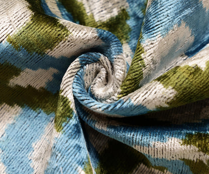 CANVELLO Handmade Velvet Ikat Lumbar Pillow 16x24 | Sky Blue & Olive Trellis