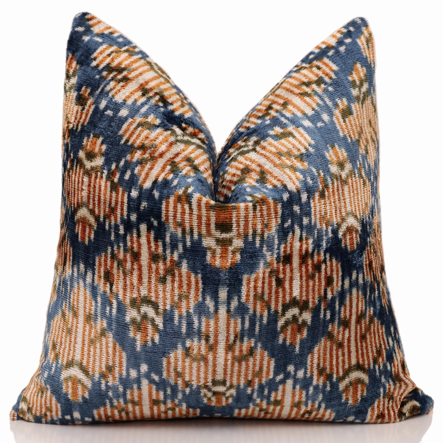 CANVELLO Blue Ikat Silk Velvet Pillow 20x20 | Handmade Designer Accent Cushion