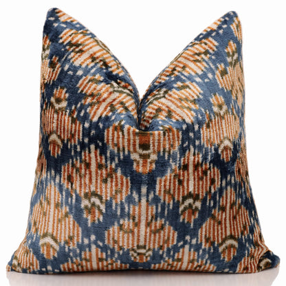 CANVELLO Blue Ikat Silk Velvet Pillow 20x20 | Handmade Designer Accent Cushion