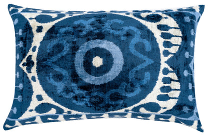 Handmade Velvet Throw Pillow, 16x24 Inches, Premium Down Feather Insert, Geometric Blue Medallion Design, Eco-Friendly Vegetable Dyed, Luxurious Soft Cushion for Modern and Bohemian Home Decor