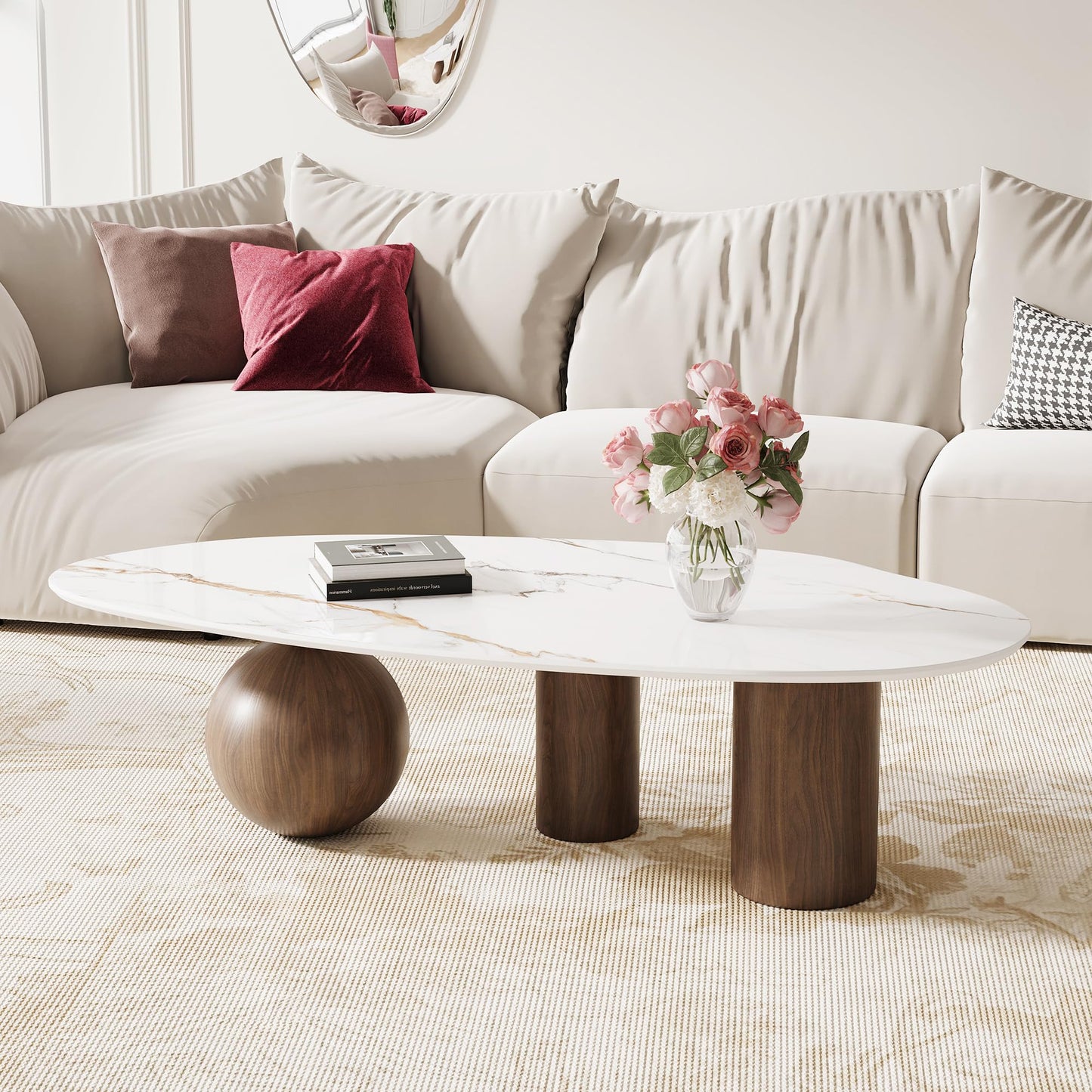 54" Coffee Table with Faux-Marble Top & Faux-Wood Metal Legs