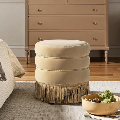 Velvet Round Ottoman with Fringe