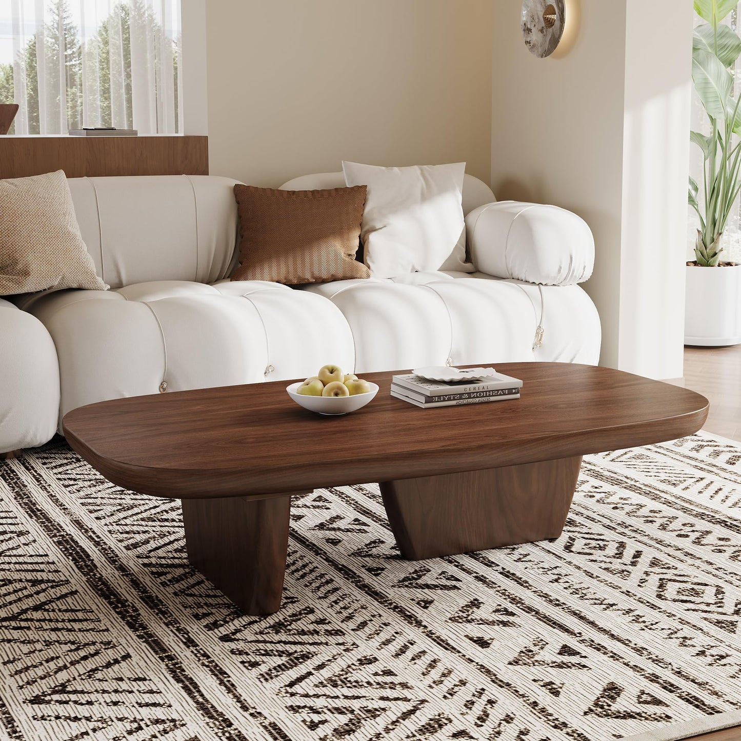 Mid Century Modern Wood Coffee Table with Rounded Edges and Unique Dual Leg Design, Easy Assembly Brown Living Room Center Table, 51.2" Rectangular Tea Table
