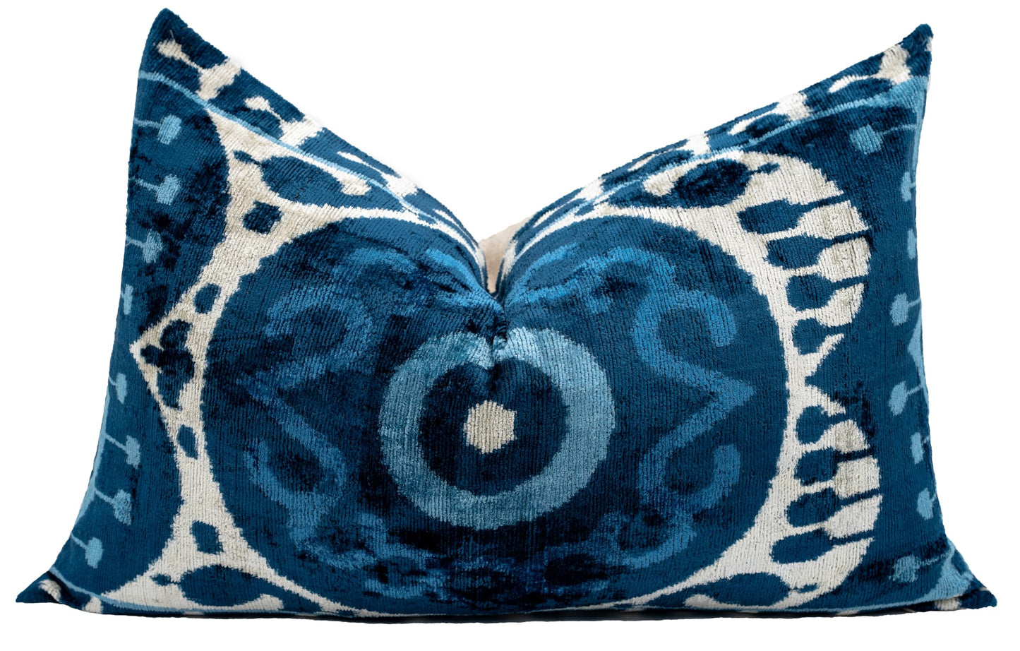 Handmade Velvet Throw Pillow, 16x24 Inches, Premium Down Feather Insert, Geometric Blue Medallion Design, Eco-Friendly Vegetable Dyed, Luxurious Soft Cushion for Modern and Bohemian Home Decor
