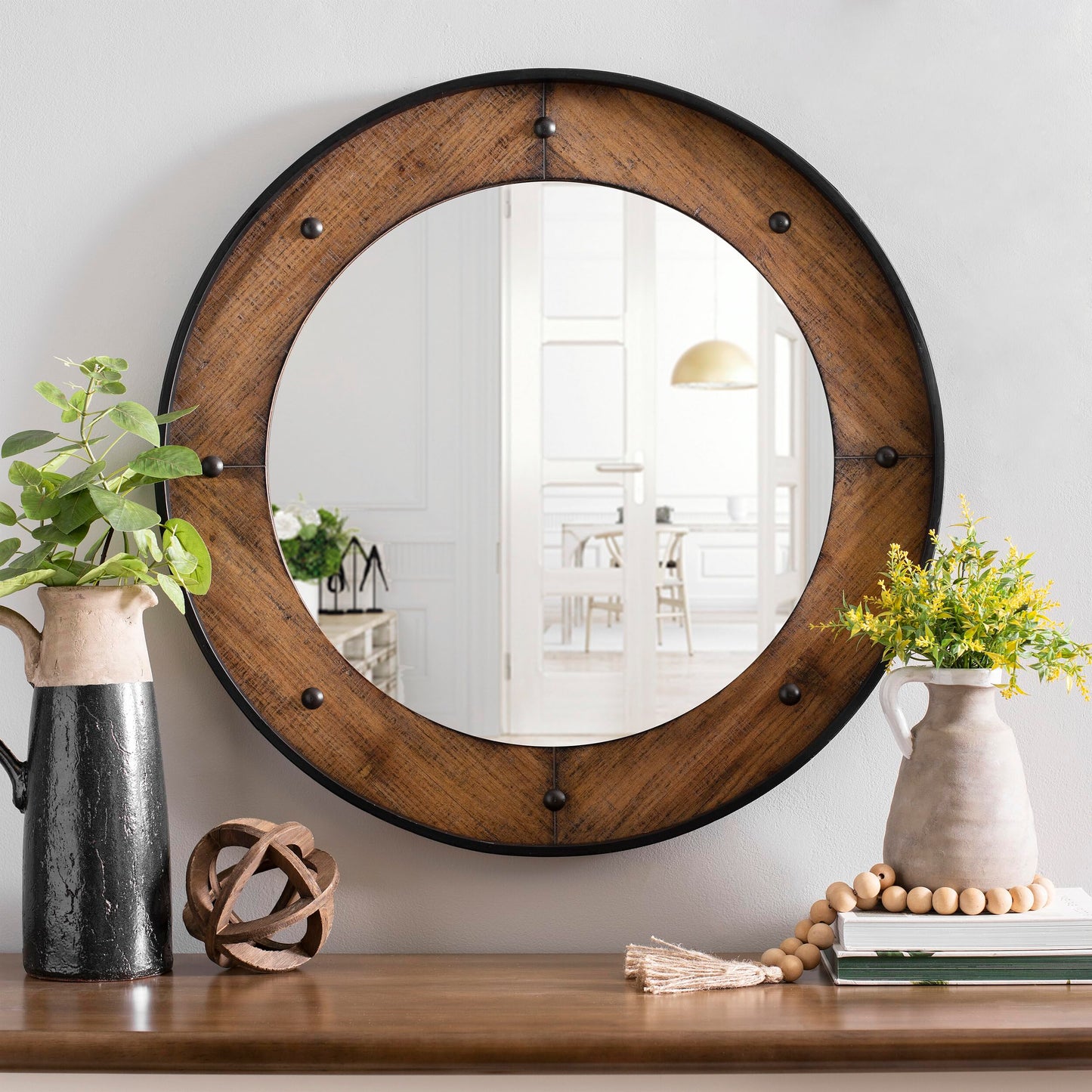24" Round Wall Wooden Wall Mirror with Metal Trim