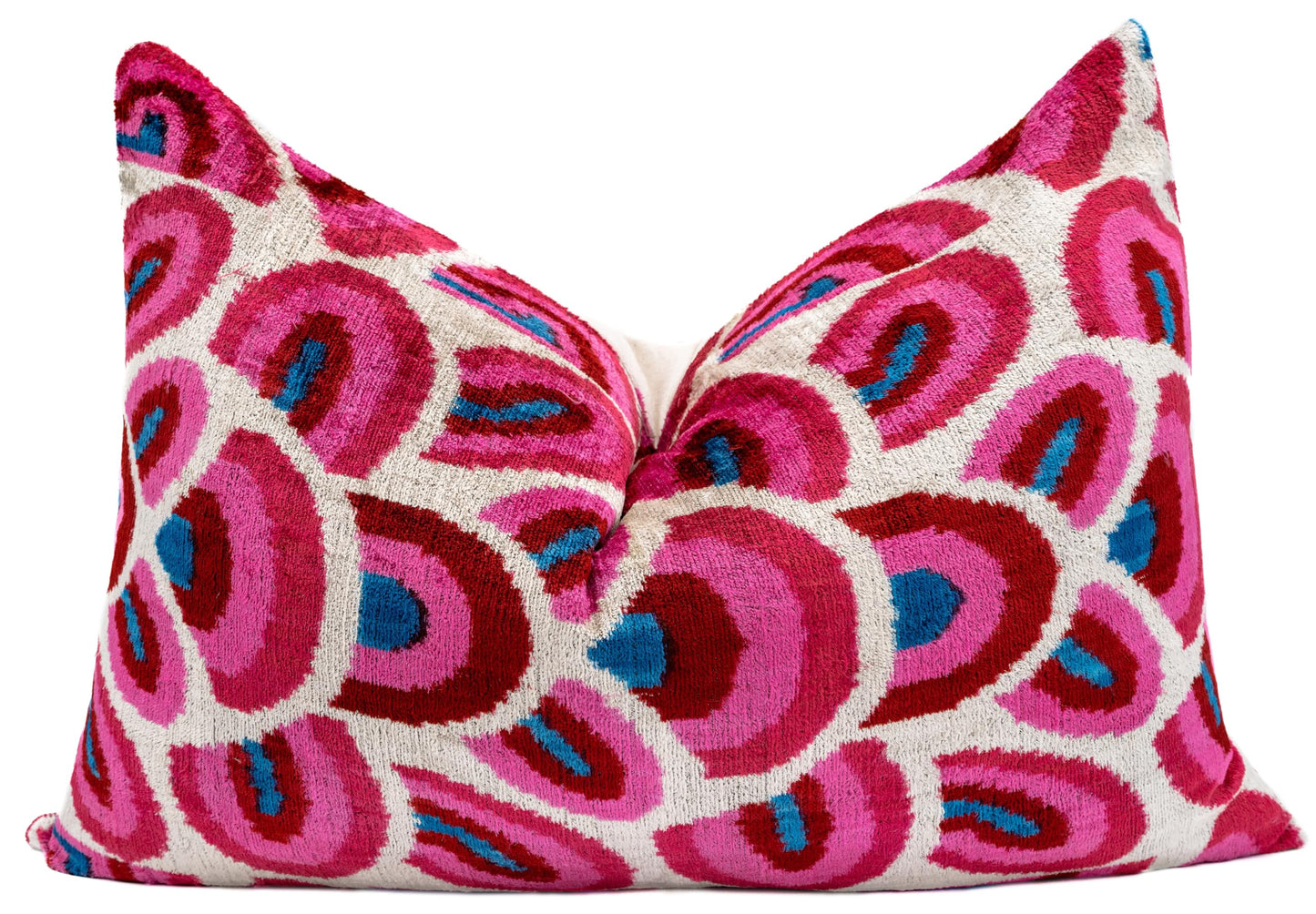 CANVELLO Handmade Velvet Throw Pillow with Down Feather Insert - 16x24 Inches, Geometric Swirl Pattern in Vibrant Pink, Red, and Blue, Soft Decorative Cushion