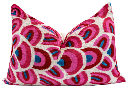 CANVELLO Handmade Velvet Throw Pillow with Down Feather Insert - 16x24 Inches, Geometric Swirl Pattern in Vibrant Pink, Red, and Blue, Soft Decorative Cushion