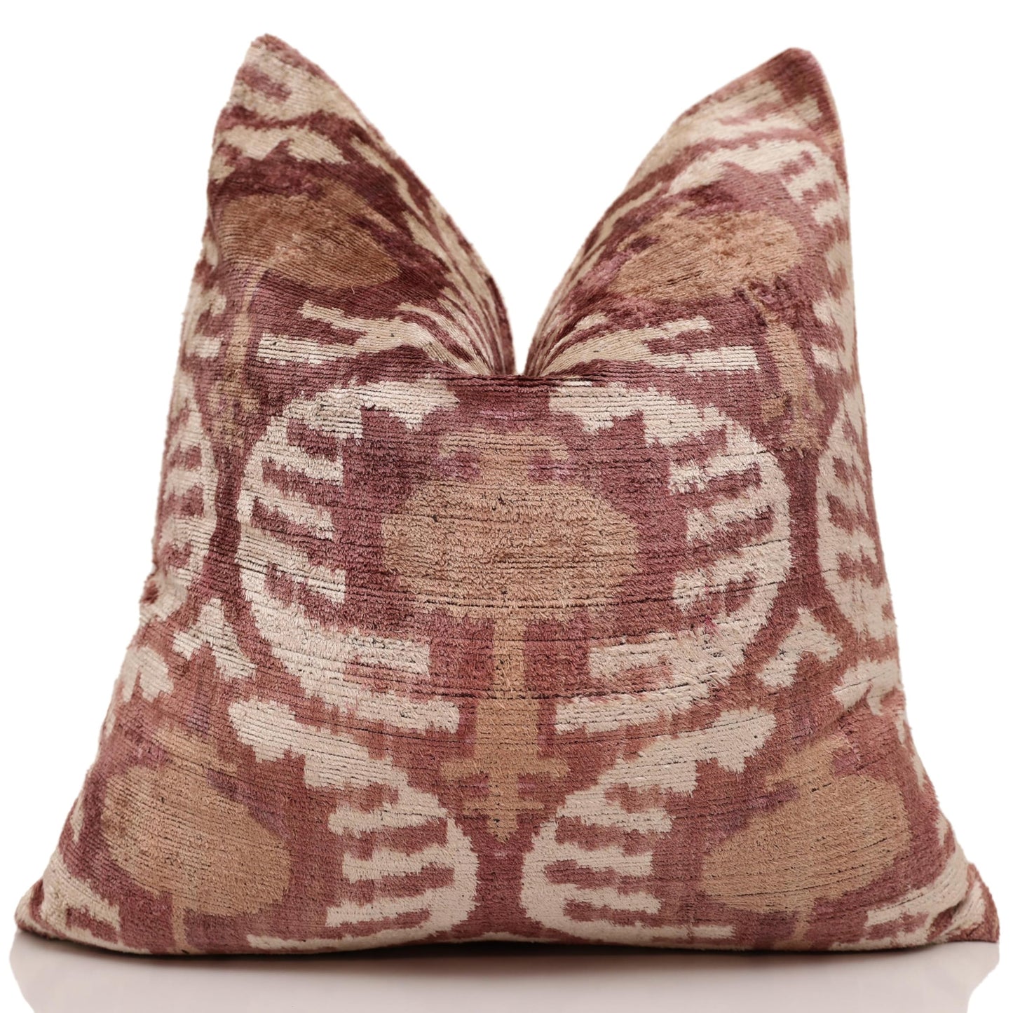 CANVELLO Luxury Handwoven Silk Velvet Throw Pillow 20x20 Inch Burgundy Ikat Pattern