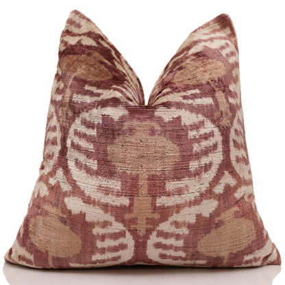CANVELLO Luxury Handwoven Silk Velvet Throw Pillow 20x20 Inch Burgundy Ikat Pattern