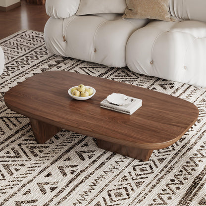Mid Century Modern Wood Coffee Table with Rounded Edges and Unique Dual Leg Design, Easy Assembly Brown Living Room Center Table, 51.2" Rectangular Tea Table