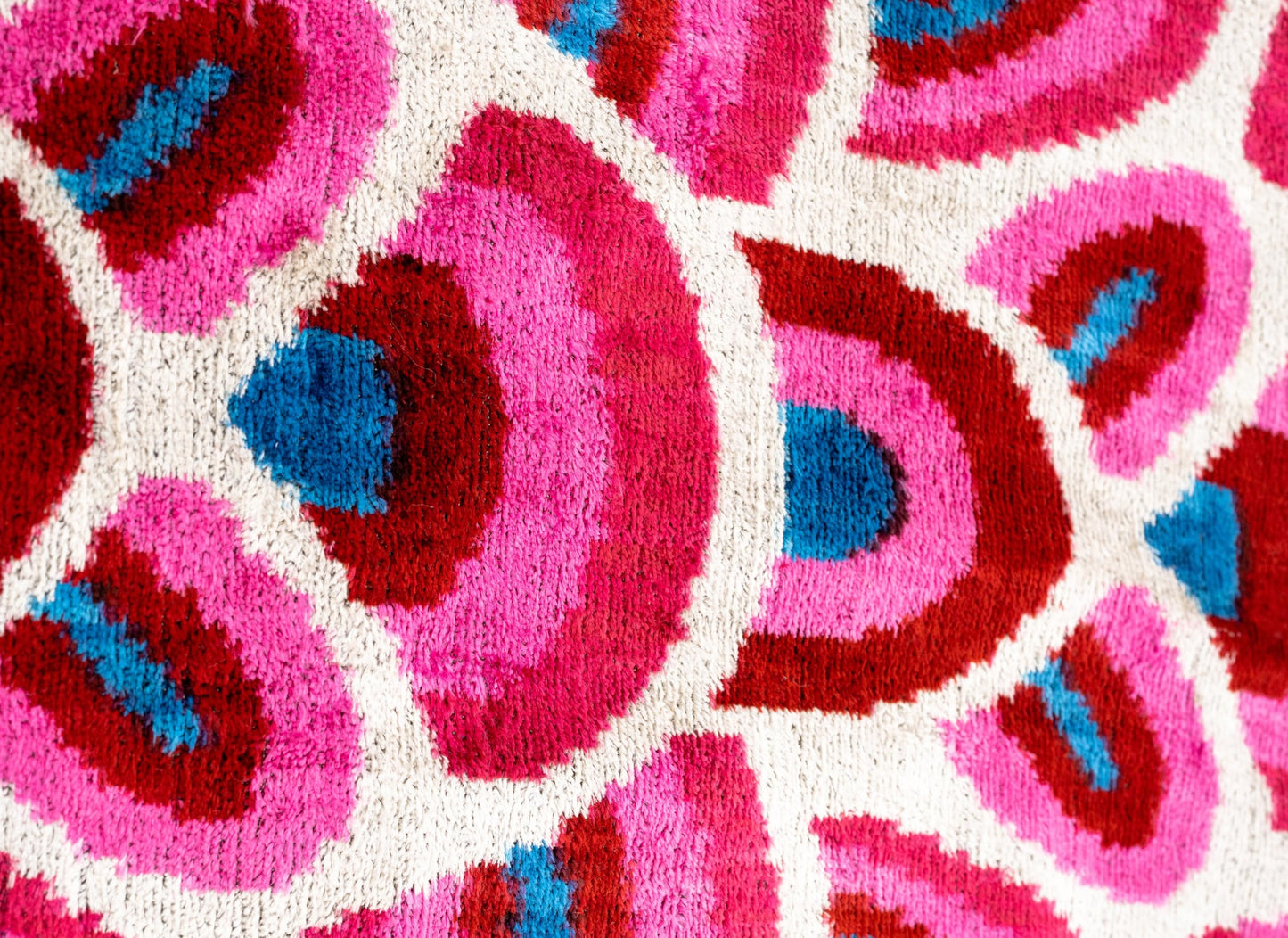 CANVELLO Handmade Velvet Throw Pillow with Down Feather Insert - 16x24 Inches, Geometric Swirl Pattern in Vibrant Pink, Red, and Blue, Soft Decorative Cushion