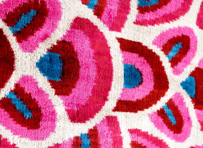 CANVELLO Handmade Velvet Throw Pillow with Down Feather Insert - 16x24 Inches, Geometric Swirl Pattern in Vibrant Pink, Red, and Blue, Soft Decorative Cushion