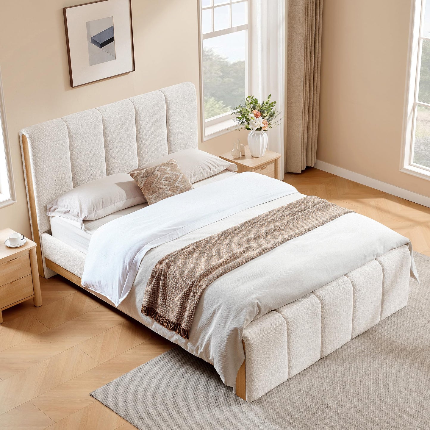 Chenille Upholstered and Wood Bed