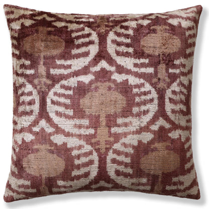 CANVELLO Luxury Handwoven Silk Velvet Throw Pillow 20x20 Inch Burgundy Ikat Pattern
