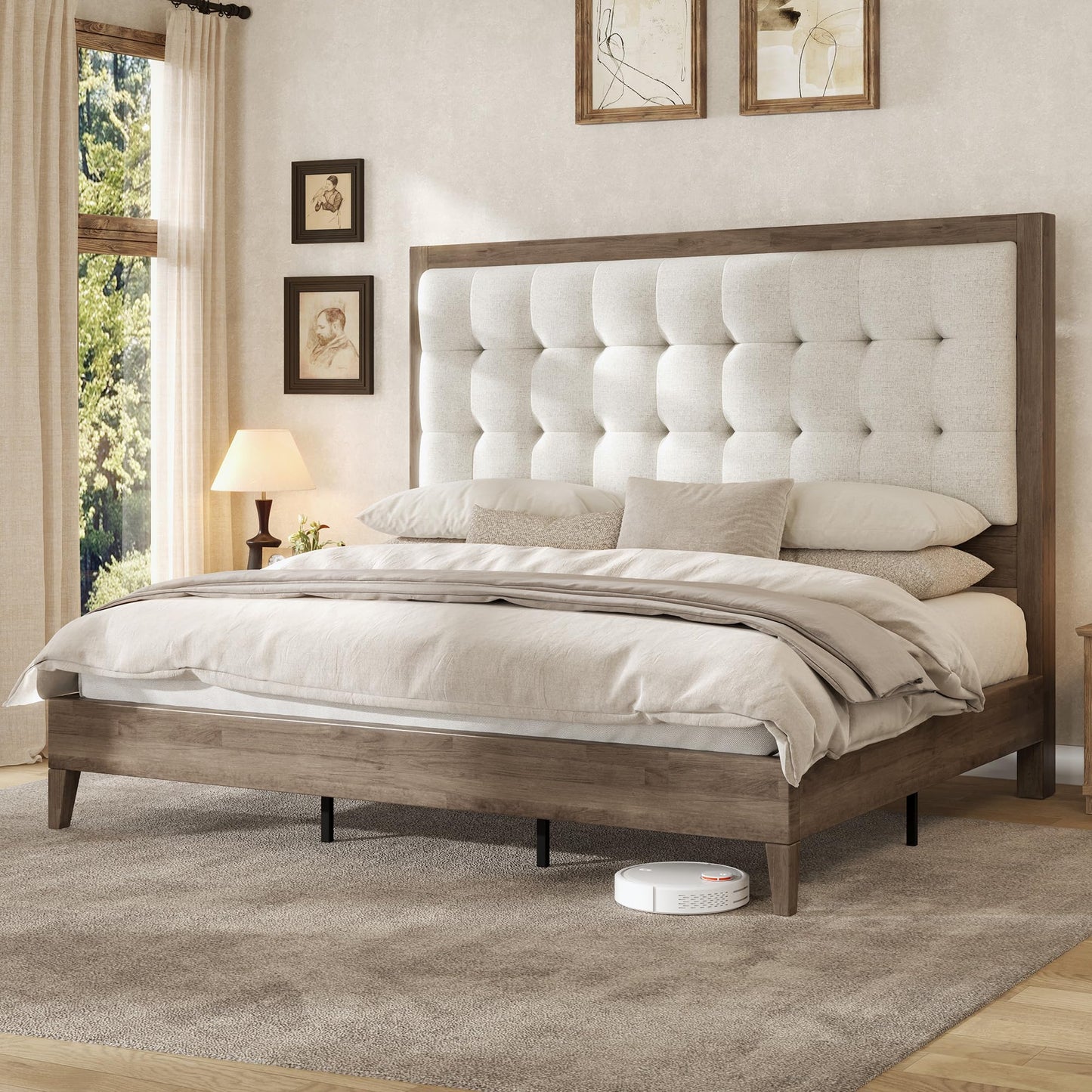 Wood Bed with Tufted Upholstered Headboard