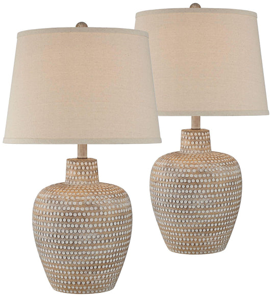 Regency Hill Glenn Rustic Southwestern Style Pot Table Lamps 27" Tall Set of 2 Dappled Sandy Beige Oatmeal Fabric Drum Shades for Living Room Bedroom House Bedside Nightstand Home Office