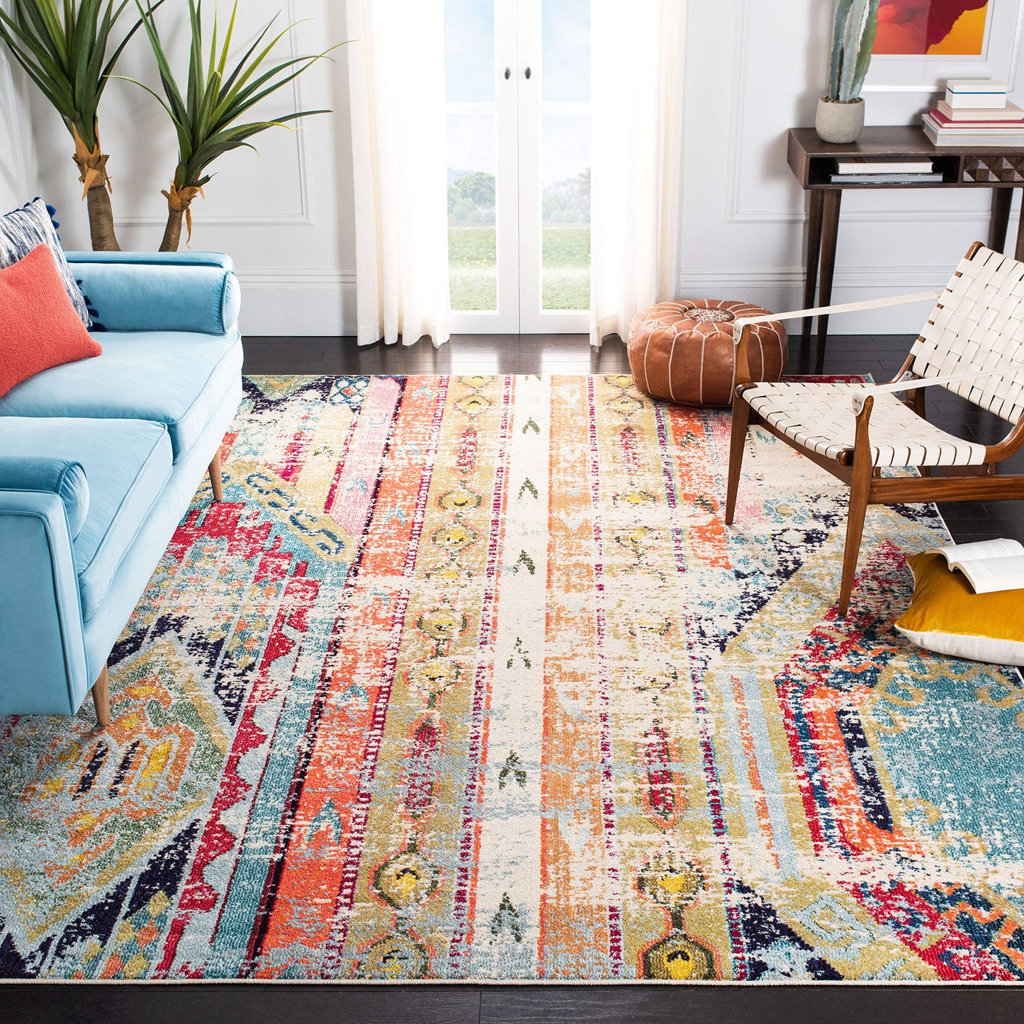 SAFAVIEH Madison Collection Area Rug - 10' x 14', Blue & Orange, Boho Chic Tribal Distressed Design, Non-Shedding & Easy Care, Ideal for High Traffic Areas in Living Room, Bedroom (MAD422F)