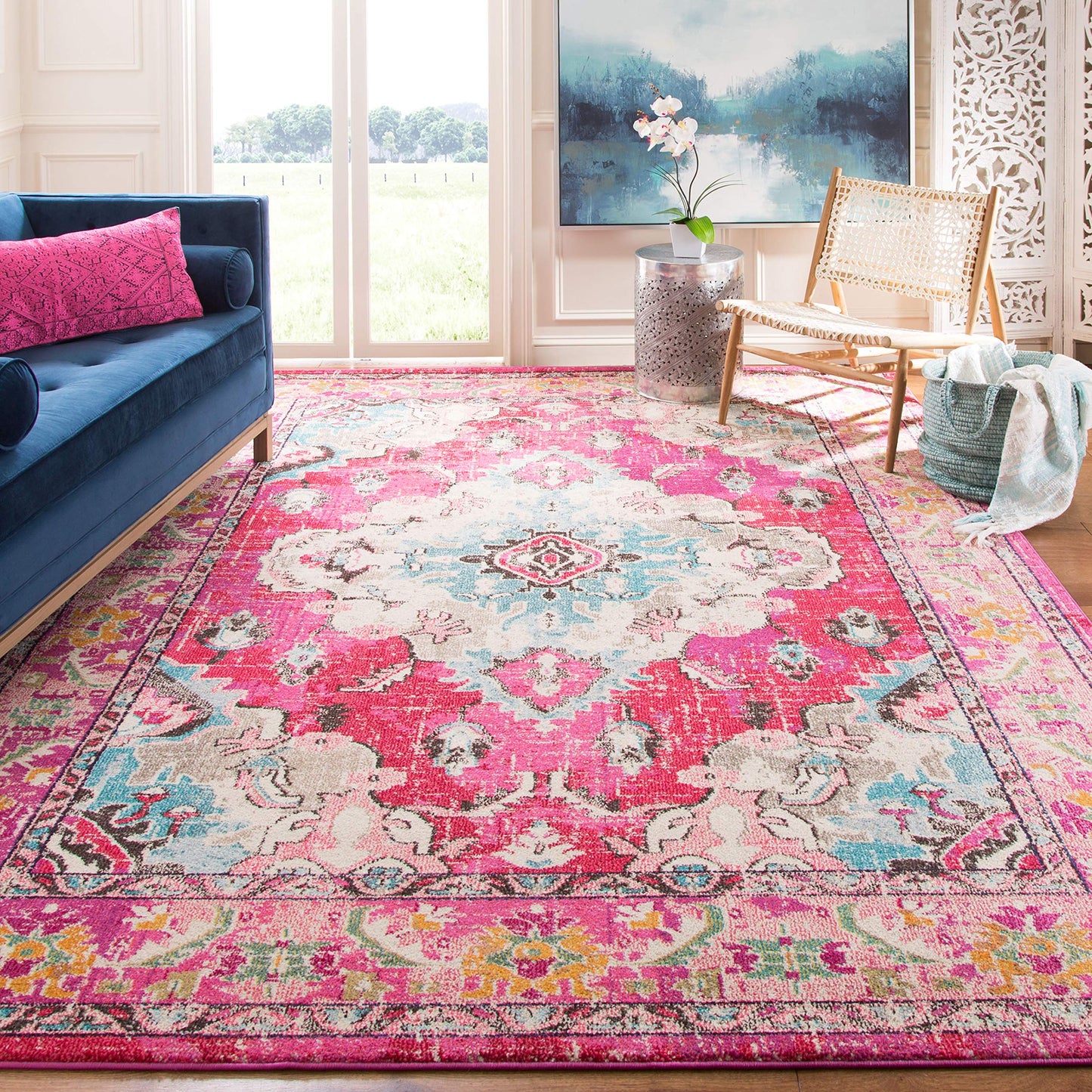 SAFAVIEH Monaco Collection Area Rug - 10' x 14', Pink & Multi, Non-Shedding & Easy to Clean, Distressed Medallion Design, Ideal for Living Room, Bedroom, Dining Space (MNC243D)